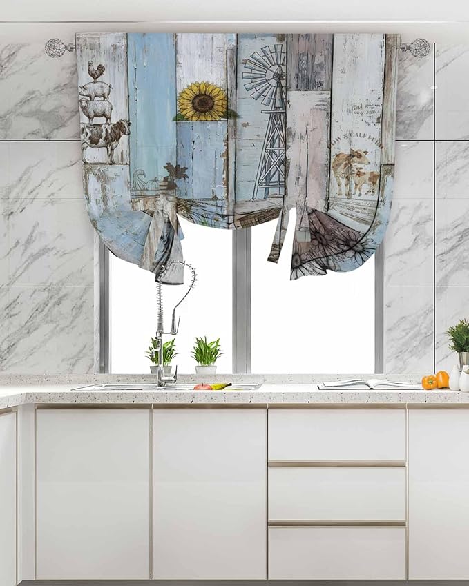 Tie Up Curtains for Windows, Blue Grey Wooden Adjustable Balloon Nature Linen Textured Kitchen Curtain, Farmhouse Barn Sunflowers Retro Privacy Curtains Balloon Blind for Cafe, 42 x 63 Inches