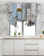 Tie Up Curtains for Windows, Blue Grey Wooden Adjustable Balloon Nature Linen Textured Kitchen Curtain, Farmhouse Barn Sunflowers Retro Privacy Curtains Balloon Blind for Cafe, 42 x 63 Inches
