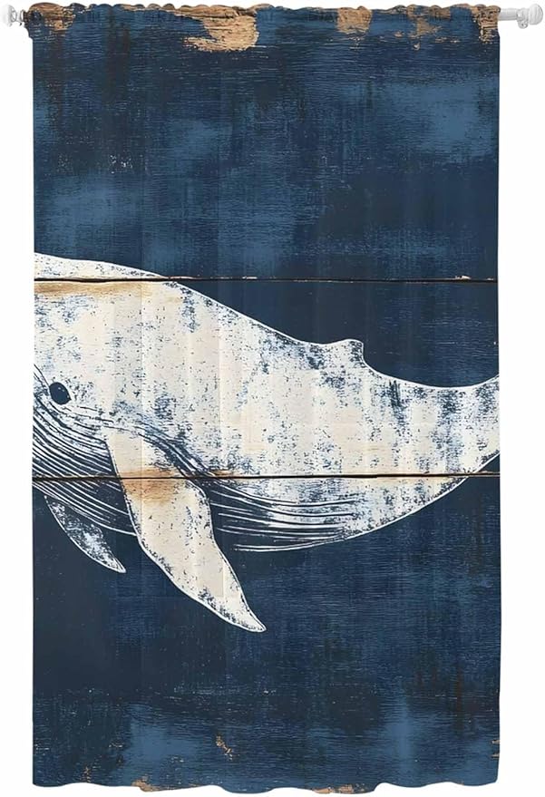 Sheer Curtains 108 Inches Long, Ocean Whale Blue Semi Sheer Curtains Light Filtering Window Treatment, Coastal Vintage Wooden Grain Privacy Voile Drapes for Living Room Bedroom 52x108 Inch