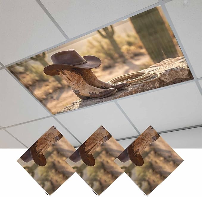 Fluorescent Light Covers, Cowboy Western Magnetic Light Covers for Ceiling Lights, Cowboy Hats Boots Desert Cacti Vintage Fluorescent Ceiling Shade Filters for Classroom Bedroom Office 4x2Ft x 3PCS