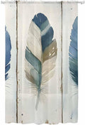 Sheer Curtains 96 Inches Long, Boho Blue Feathers Semi Sheer Curtains Light Filtering Window Treatment, Farmhouse Vintage Wooden Grain Privacy Voile Drapes for Living Room Bedroom 52x96 Inch