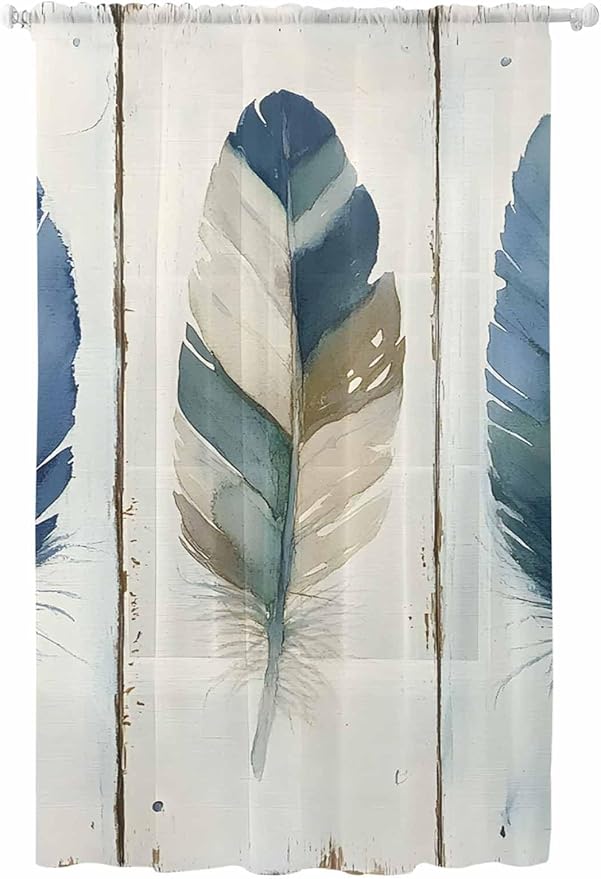 Sheer Curtains 96 Inches Long, Boho Blue Feathers Semi Sheer Curtains Light Filtering Window Treatment, Farmhouse Vintage Wooden Grain Privacy Voile Drapes for Living Room Bedroom 52x96 Inch