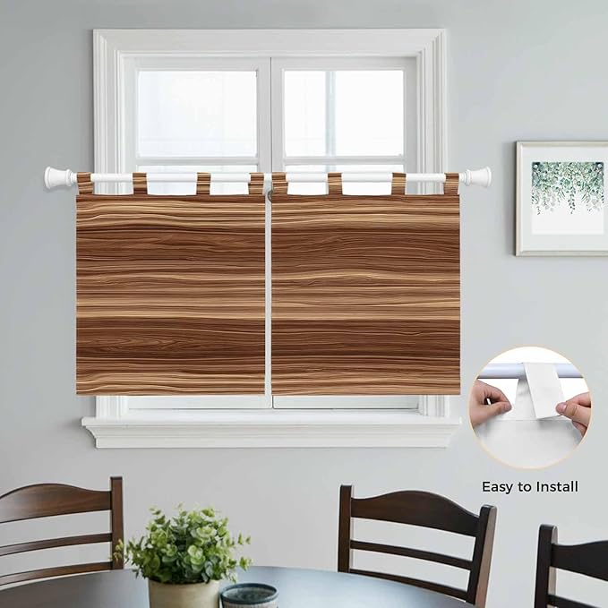 Brown Western Kitchen Curtains 24 Inch Length, Small Window Curtains Tab Top, Vintage Farmhouse Wood Barn Door Light Filtering Short Window Treatments Tier Drapes 27.5"x24" 2 Panel