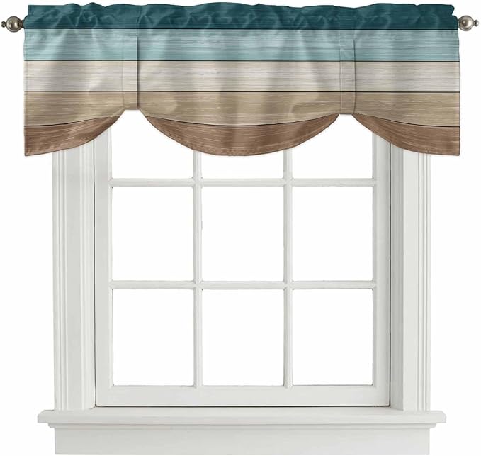 Teal Brown Tie Up Valance Curtains for Windows, Kitchen Curtains Window Shades, Farmhouse Vintage Abstract Wooden Grain Light Filtering Roman Curtain Valances for Bedroom/Bathroom/Cafe 42"x12"