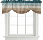 Teal Brown Tie Up Valance Curtains for Windows, Kitchen Curtains Window Shades, Farmhouse Vintage Abstract Wooden Grain Light Filtering Roman Curtain Valances for Bedroom/Bathroom/Cafe 60"x18"
