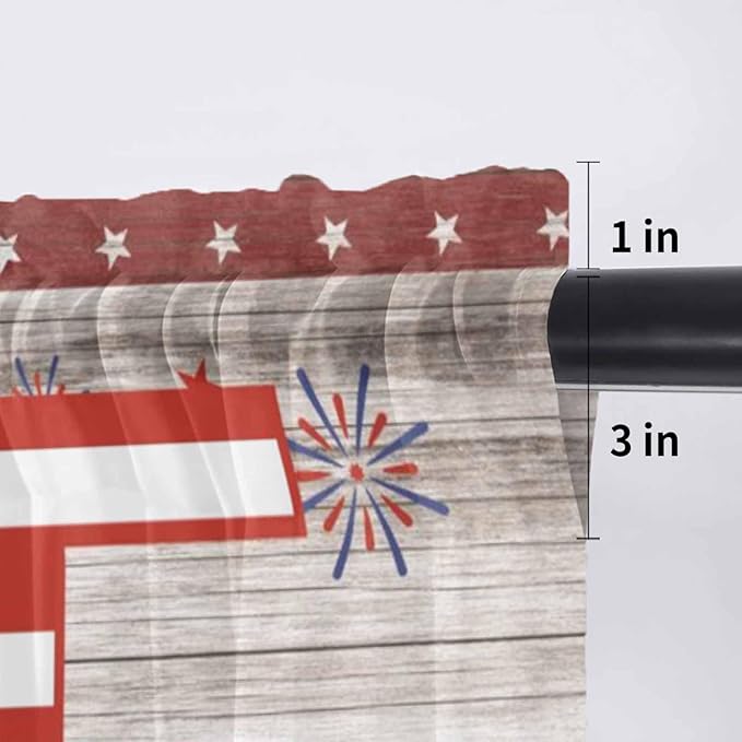 4th of July Sheer Valances for Windows 42"x12", Light Filtering Kitchen Curtains Valance, Stars Striped Farmhouse American Flag Wood Grain Rod Pocket Chiffon Curtains for Living Room Bedroom Cafe
