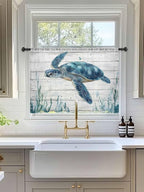 Sheer Curtains 45 Inch Length, Teal Green Ocean Turtle Semi Sheer Curtains Light Filtering Window Treatment, Coastal Seaweed Wood Grain Privacy Voile Drapes for Living Room Bedroom 52x45 Inch