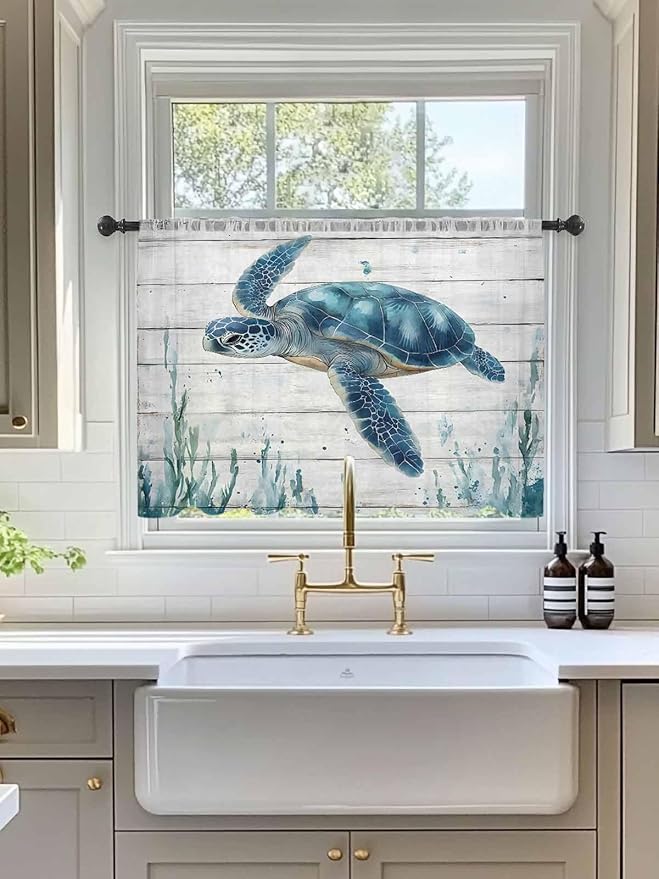 Sheer Curtains 54 Inch Length, Teal Green Ocean Turtle Semi Sheer Curtains Light Filtering Window Treatment, Coastal Seaweed Wood Grain Privacy Voile Drapes for Living Room Bedroom 52x54 Inch