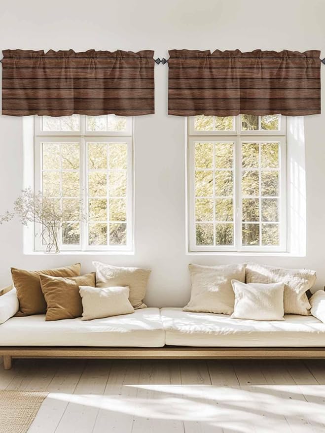 2 Pack Kitchen Valance for Windows, Farm Brown Wood Board Light Filtering Rod Pocket Valances Short Curtain, Vintage Farmhouses Barn Window Curtain for Bedroom Bathroom Living Room 54x18in