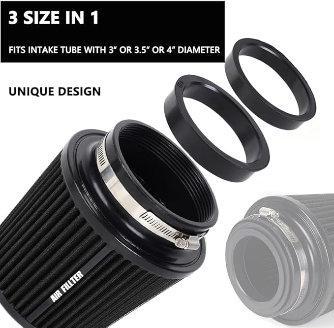 4-Inch Cold Air Intake Filter - Washable, High Performance, 3" or 3-1/2" or 4" Clamp-On Replacement Cone Air Filter Universal 3 Sizes in 1 Black