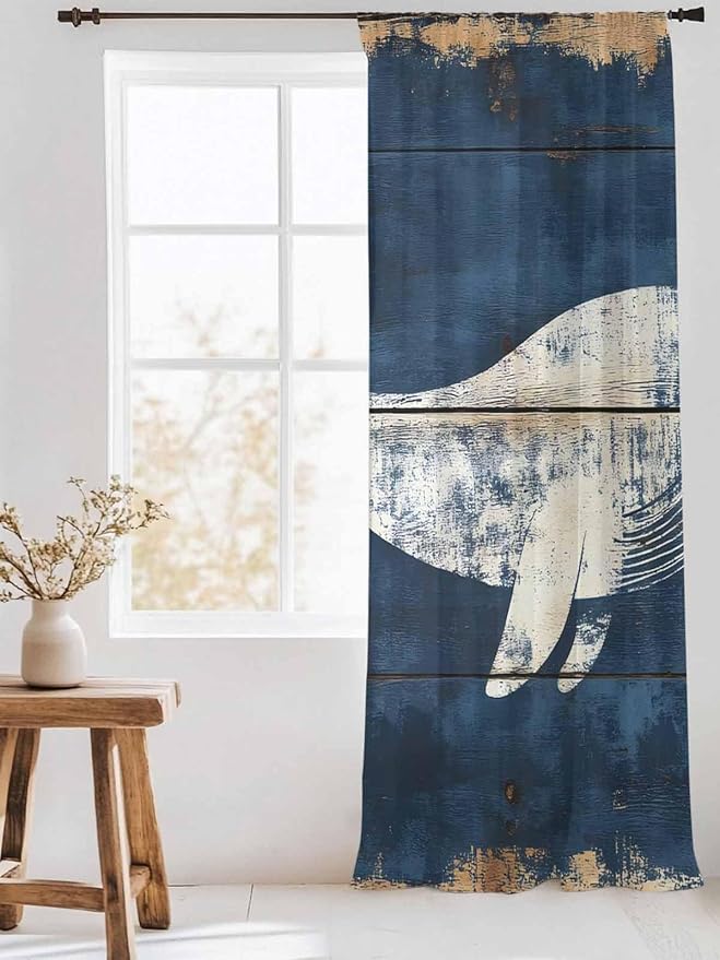 Sheer Curtains 96 Inches Long, Ocean Whale Blue Semi Sheer Curtains Light Filtering Window Treatment, Summer Sea Vintage Wooden Grain Privacy Voile Drapes for Living Room Bedroom 52x96 Inch