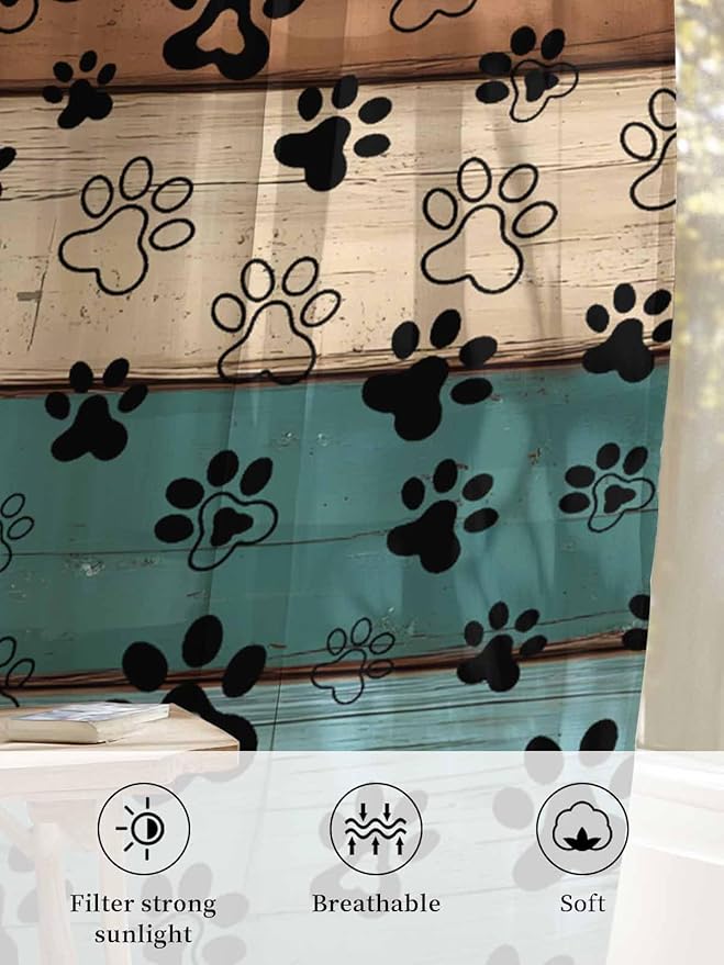 Sheer Curtains 72 Inches Long, Green Brown Paw Print Semi Sheer Curtains Light Filtering Window Treatment, Vintage Farmhouse Country Wooden Grain Privacy Voile Drapes for Living Room 52x72 Inch