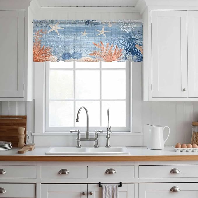 Ocean Corals Sheer Valance Curtains, Summer Beach Coral Sea Stars Blue Stripes Light Filtering Kitchen Valances Rod Pocket Voile Curtain Window Treatment for Bedroom/Living Room/Basement 54Wx18L