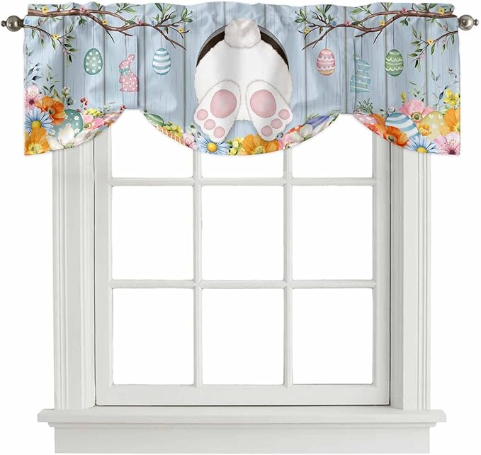 Easter Tie Up Valance Curtains for Windows, Kitchen Curtains Window Shades, Spring Watercolor Bunny Eggs Flower Wood Grain Blue Light Filtering Roman Curtain Valances for Bedroom/Bathroom/Cafe 42"x18"