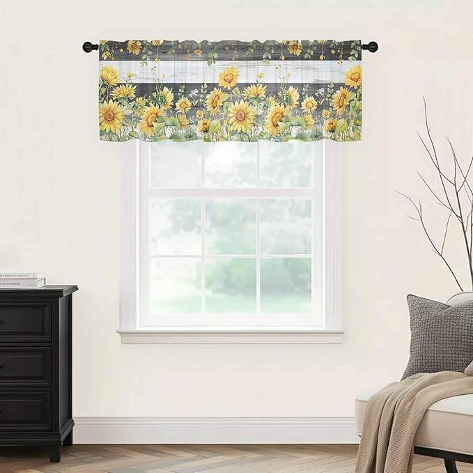 Summer Floral Sheer Valance Curtains, Watercolor Sunflower Eucalyptus Leaves Black Wood Grain Light Filtering Kitchen Valances Rod Pocket Voile Curtain for Bedroom/Living Room/Basement 42Wx18L