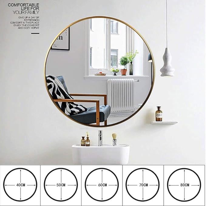 Round LED Bathroom Mirror Demister Pad IP44 Vanity Large Mirror Cold Light Dressing Wall Mirror (Color : Cold Light Size : 60cm) (Gold 80cm)