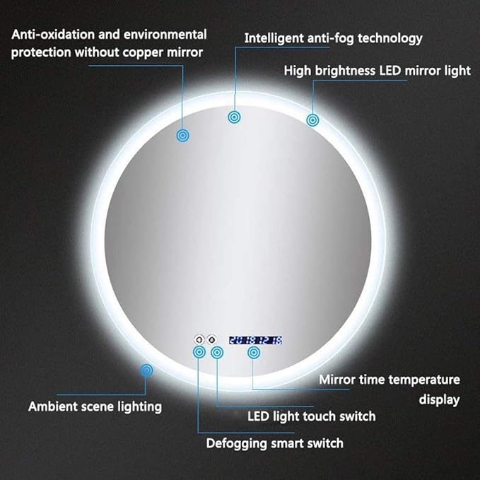 Round LED Bathroom Mirror Demister Pad IP44 Vanity Large Mirror Cold Light Dressing Wall Mirror (Color : Cold Light Size : 60cm) (Cold Light 70cm)
