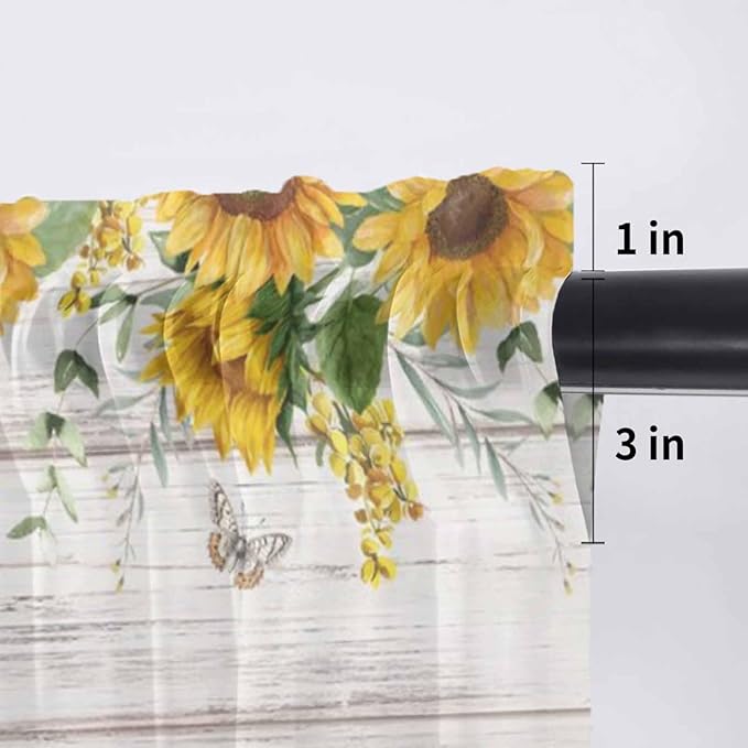 Farmhouses Sunflowers Sheer Valance Curtains, Retro Floral Leaves Red Truck Wood Grain Light Filtering Kitchen Valances Rod Pocket Voile Curtain Treatment for Bedroom/Living Room/Basement 42Wx12L