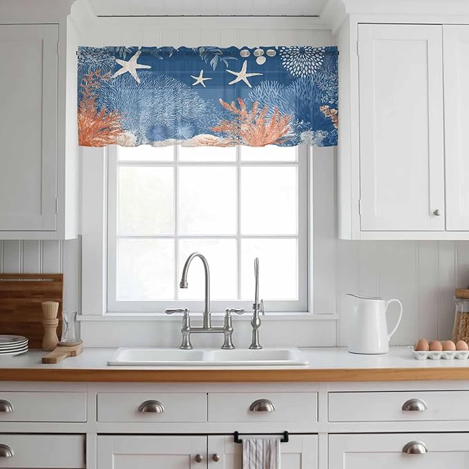 Ocean Corals Sheer Valance Curtains, Summer Beach Coral Sea Stars Dark Blue Light Filtering Kitchen Valances Rod Pocket Voile Curtain Window Treatment for Bedroom/Living Room/Basement 42Wx12L