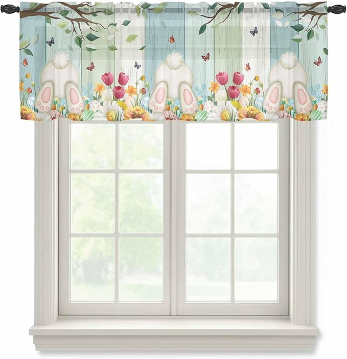Easter Sheer Valances for Windows 42"x18", Light Filtering Kitchen Curtains Valance, Spring Watercolor Eggs Country Tulip Wooden Grain Rod Pocket Chiffon Curtains for Living Room Bedroom Cafe