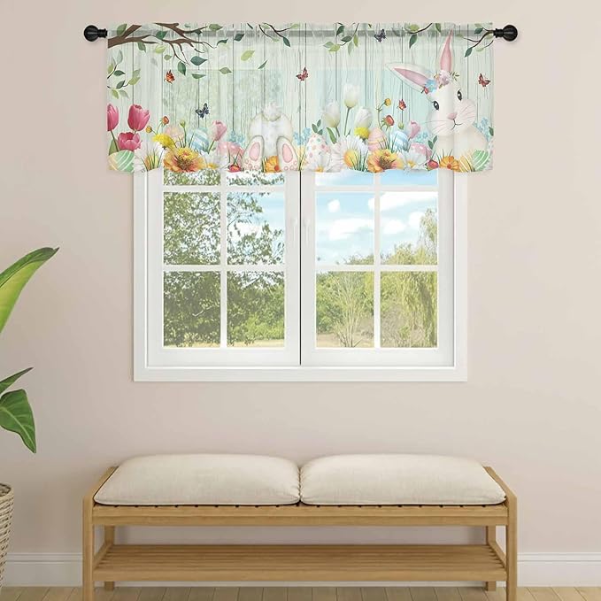 Easter Sheer Valances for Windows 42"x12", Light Filtering Kitchen Curtains Valance, Spring Watercolor Bunny Eggs Tulip Wooden Grain Teal Rod Pocket Chiffon Curtains for Living Room Bedroom Cafe