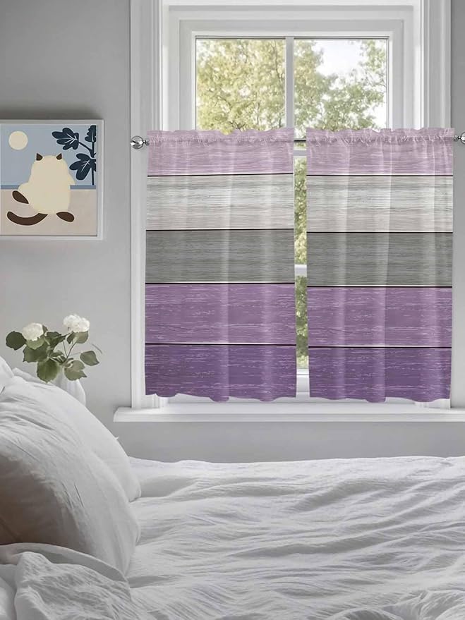 Country Wood Board Gray Purple Window Valance Curtains, Farmhouse Gradient Plank Light Filtering Kitchen Valance with 3-inch Rod Pocket for Living Room Bathroom Bedroom,2 Panel,52x54In