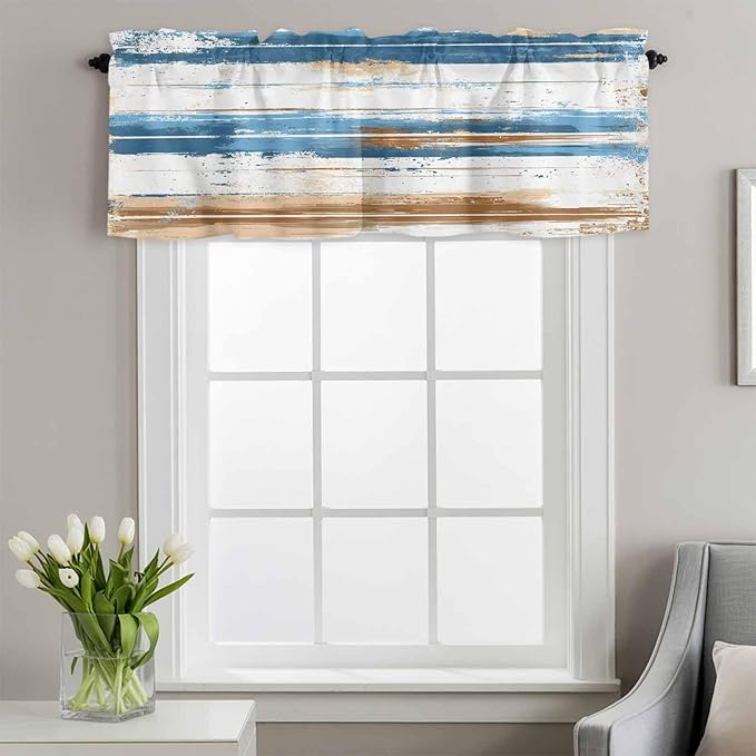 Vintage Blue Valances for Windows, Brown Wood Grain Mottled Texture Abstract Art Kitchen Valance Light Filtering Rod Pocket Short Curtains for Kitchen Bathroom, 1 Panel, 42"x18"
