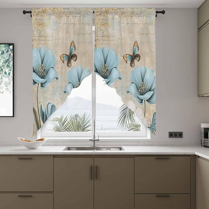 Spring Flowers Swag Valances for Windows, Vintage Rustic Tulips Floral Butterfly Khaki Rod Pocket Kitchen Curtains Valance, Small Window Curtains Swag for Cafe Living Room, 2 Panels, 36x36 inch