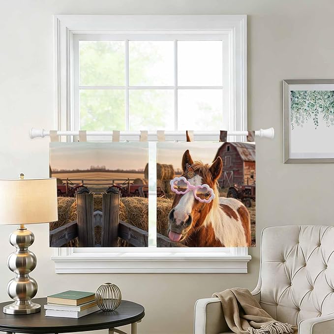 Farm Horses Kitchen Curtains 24 Inch Length, Small Window Curtains Tab Top, Farmhouse Barn Funny Animals Butterfly Light Filtering Short Window Treatments Tier Drapes 27.5"x24" 2 Panel