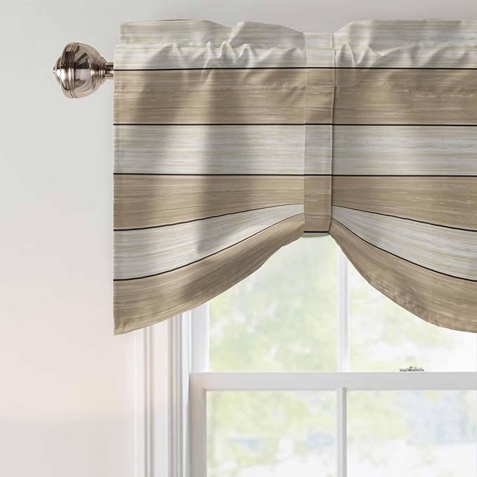 Brown Ombre Wooden Tie Up Valance Curtains for Windows, Kitchen Curtains Window Shades, Farmhouse Retro Khaki Wood Light Filtering Roman Curtain Valances for Bedroom/Bathroom/Cafe 54"x18"