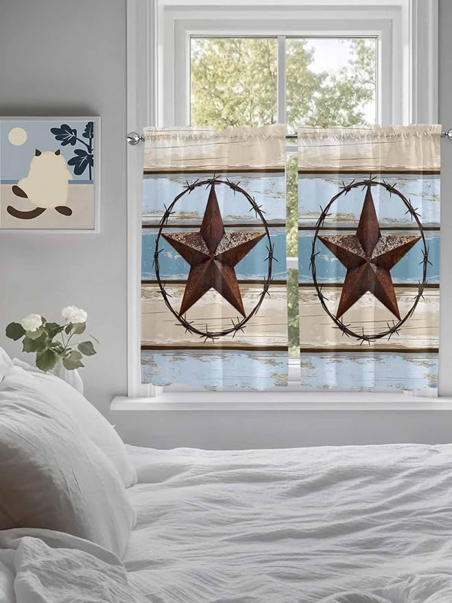 Vintage Western Star on Wood Grain Window Valance Curtains, Retro Wooden Texture Light Filtering Kitchen Valance with 3-inch Rod Pocket for Living Room Bathroom Bedroom,2 Panel,52x45In