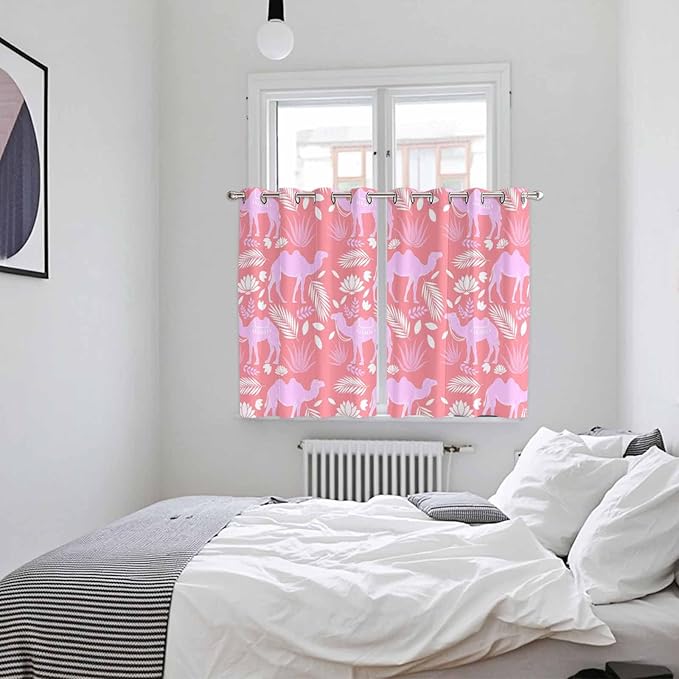 2 Panel Kitchen Cafe Curtains, Desert Camel Sunlight Filtering Nature Air Through, Window Decor Tier Curtains for Living Room 104W x 63L inch Vintage Sand Camel Leaves Flower Pattern Pink