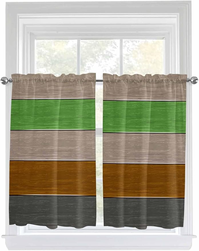 Farm Gray Green Brown Wood Grain Window Valance Curtains, Rustic Wooden Plank Light Filtering Kitchen Valance with 3-inch Rod Pocket for Living Room Bathroom Bedroom,2 Panel,52x45In