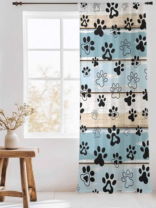 Sheer Curtains 108 Inches Long, Blue Beige Paw Print Semi Sheer Curtains Light Filtering Window Treatment, Vintage Farmhouse Country Wood Grain Privacy Voile Drapes for Living Room Bedroom 52x108 Inch