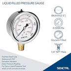SENCTRL 5000 Psi Glycerin Liquid Filled Hydraulic High Pressure Gauge, 2.5" Dial Size, 1/4" NPT Lower Mount, Stainless Steel Case, for Air Gas Water Oil Pressure Test