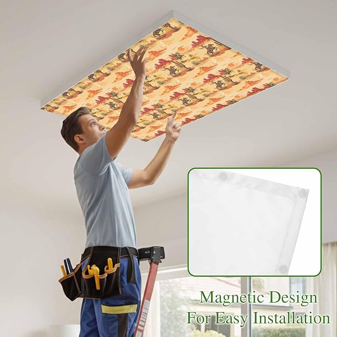 Tropical Plant Cactus Fluorescent Light Covers 3 Pack Western Cowboy Horse Sunset Desert Ethnic Magnetic Fluorescent Ceiling Lights Filters for Office Classroom Home Drop Ceiling 4x2 Feet