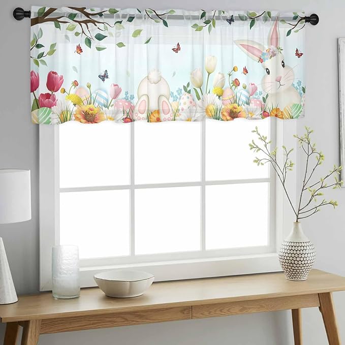 Easter Sheer Valances for Windows 60"x18", Light Filtering Kitchen Curtains Valance, Spring Watercolor Bunny Eggs Tulip Flower Plant Rod Pocket Chiffon Curtains for Living Room Bedroom Cafe