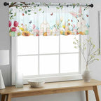Easter Sheer Valances for Windows 60"x18", Light Filtering Kitchen Curtains Valance, Spring Watercolor Bunny Eggs Tulip Flower Plant Rod Pocket Chiffon Curtains for Living Room Bedroom Cafe