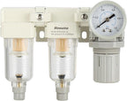 1/4" NPT Three Stage Air Drying System - 5 Micron Particulate Filter Air Pressure Regulator Combo - 0-125psi Gauge, Semi-Auto Drain, Metal Bracket