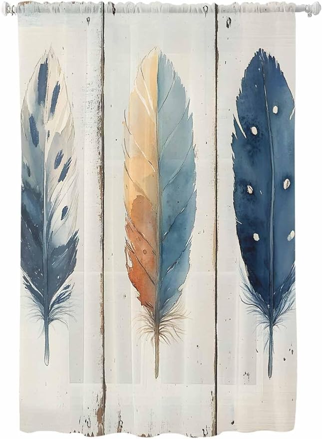 Sheer Curtains 63 Inch Length, Blue Brown Feathers Semi Sheer Curtains Light Filtering Window Treatment, Boho Ombre Vintage Wooden Grain Privacy Voile Drapes for Living Room Bedroom 52x63 Inch