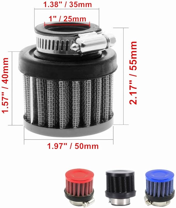 4 Pack ID I inch (25mm) Air Intake Filter with Clamp, Universal Car Air Intake Filter 1" Inlet, Black