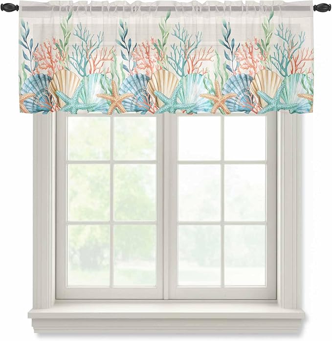 Summer Beach Sheer Valance Curtains, Ocean Colorful Coral Shell Seaweed Starfish Linen Light Filtering Kitchen Valances Rod Pocket Voile Curtain Treatment for Bedroom/Living Room/Basement 60Wx18L