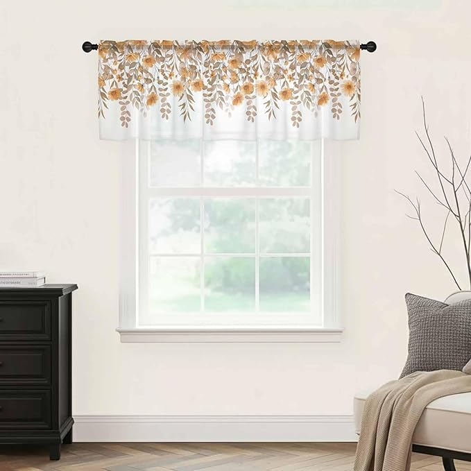 Spring Summer Flowers Sheer Valance Curtains, Vintage Watercolor Orange Floral Leaf Plant Light Filtering Kitchen Valances Rod Pocket Voile Curtain Treatment for Bedroom/Living Room/Basement 42Wx12L