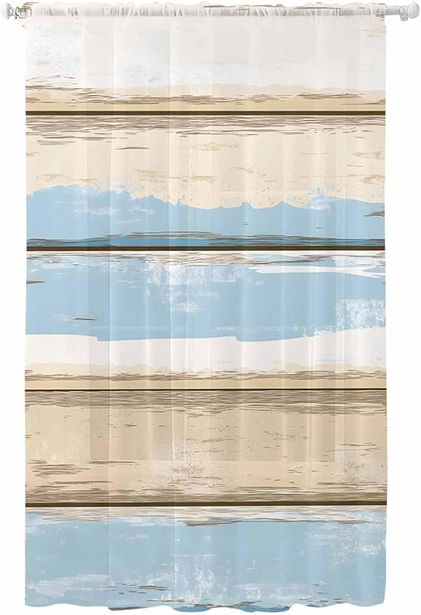 Sheer Curtains 96 Inches Long, Vintage Geometric Blue Semi Sheer Curtains Light Filtering Window Treatment, Abstract Country Shabby Wood Grain Privacy Voile Drapes for Living Room Bedroom 52x96 Inch
