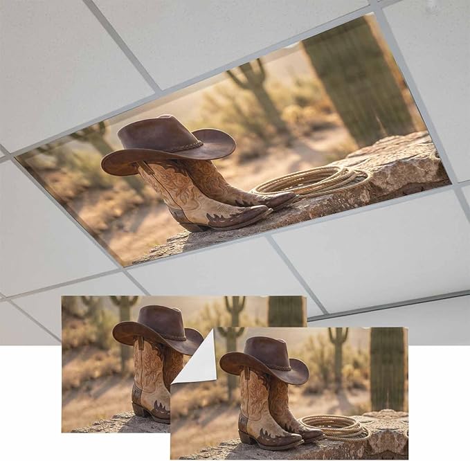 2 Pack Fluorescent Light Cover, Cowboy Western Light Covers for Ceiling Lights, Cowboy Hats Boots Desert Cacti Vintage Magnetic Lights Filters Ceiling Shade for Classroom/Office - 4 x 2 Feet