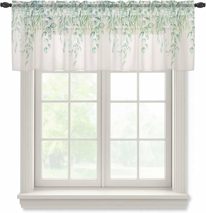 Green Leaf Sheer Valance Curtains, Eucalyptus Leaves Vintage Linen Texture Spring Plant Light Filtering Kitchen Valances Rod Pocket Voile Curtain Treatment for Bedroom/Living Room/Basement 54Wx18L