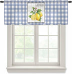 Lemon Sheer Valance Curtains, Summer Fruit Floral Wood Grain Blue Plaid Light Filtering Kitchen Valances Rod Pocket Voile Curtain Window Treatment for Bedroom/Living Room/Basement 54Wx18L