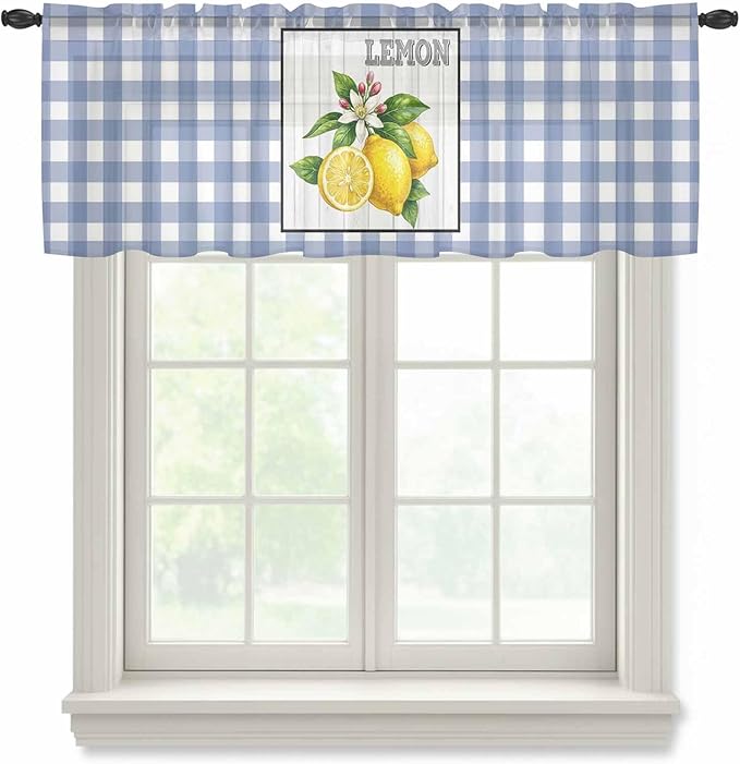 Lemon Sheer Valance Curtains, Summer Fruit Floral Wood Grain Blue Plaid Light Filtering Kitchen Valances Rod Pocket Voile Curtain Window Treatment for Bedroom/Living Room/Basement 60Wx18L