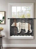 Sheer Curtains 54 Inch Length, Vintage White Brown Bear Semi Sheer Curtains Light Filtering Window Treatment, Retro Country Rustic Wood Grain Privacy Voile Drapes for Living Room Bedroom 52x54 Inch