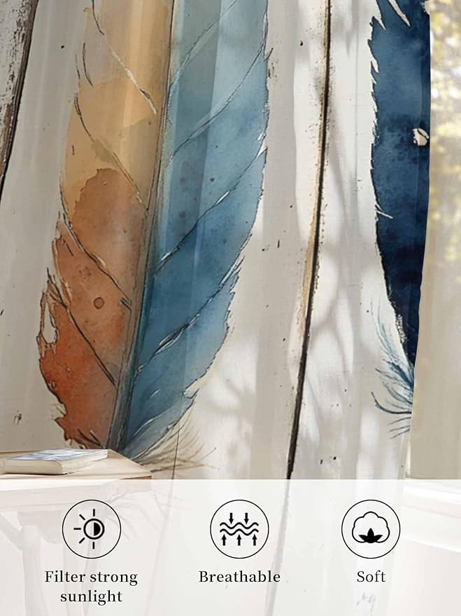 Sheer Curtains 63 Inch Length, Blue Brown Feathers Semi Sheer Curtains Light Filtering Window Treatment, Boho Ombre Vintage Wooden Grain Privacy Voile Drapes for Living Room Bedroom 52x63 Inch